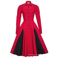 Belle Poque Victorian Style Long Sleeve Shirt Collar Contrast Color Red Retro Vintage Swing Dress BP000366-2